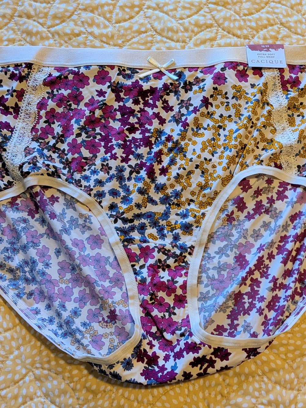 Cacique Floral Lace-Trim Full Brief Purple Yellow Extra Soft Size 18/20